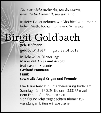 Traueranzeige von Birgit Goldbach von Mitteldeutsche Zeitung Aschersleben
