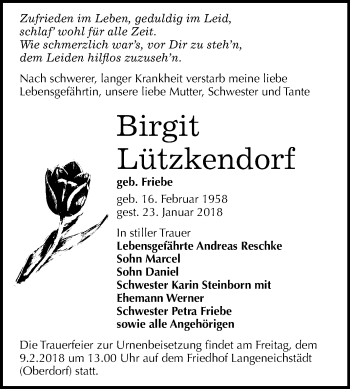Traueranzeige von Birgit Lützkendorf von Mitteldeutsche Zeitung