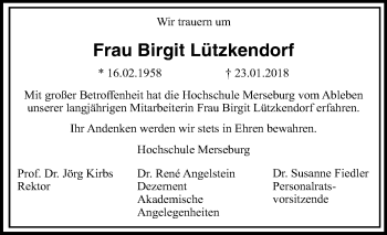 Traueranzeige von Birgit Lützkendorf von Mitteldeutsche Zeitung Merseburg/Querfurt