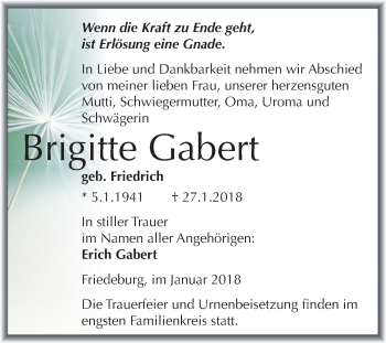Traueranzeige von Brigitte Gabert von Mitteldeutsche Zeitung