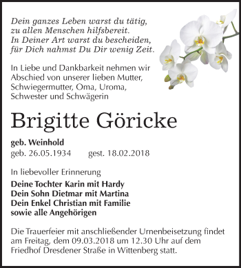 Traueranzeige von Brigitte Göricke von Mitteldeutsche Zeitung