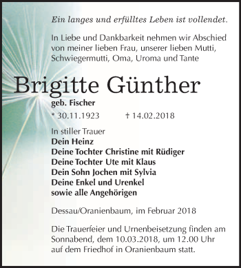 Traueranzeige von Brigitte Günther von WVG - Wochenspiegel Wittenberg