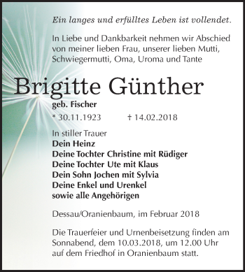 Traueranzeige von Brigitte Günther von Mitteldeutsche Zeitung