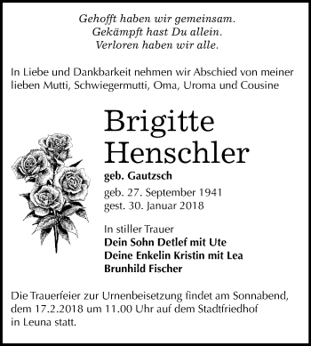 Traueranzeige von Brigitte Henschler von Mitteldeutsche Zeitung Merseburg/Querfurt