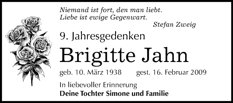  Traueranzeige für Brigitte Jahn vom 16.02.2018 aus Mitteldeutsche Zeitung Halle/Saalkreis