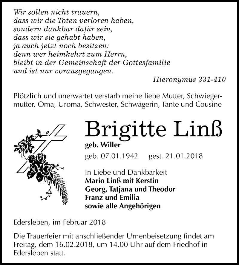  Traueranzeige für Brigitte Linß vom 10.02.2018 aus Mitteldeutsche Zeitung Sangerhausen
