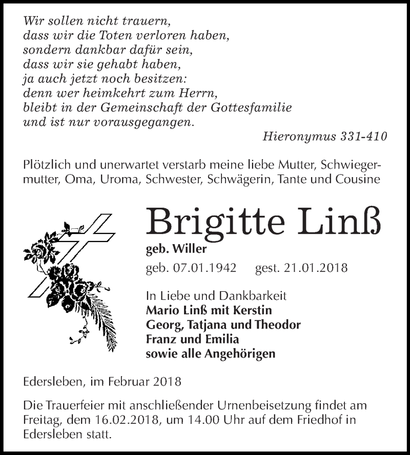  Traueranzeige für Brigitte Linß vom 10.02.2018 aus Super Sonntag SGH Mansf. Land
