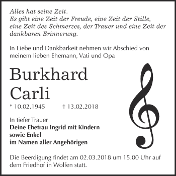 Traueranzeige von Burkhard Carli von WVG - Wochenspiegel Bitterfeld