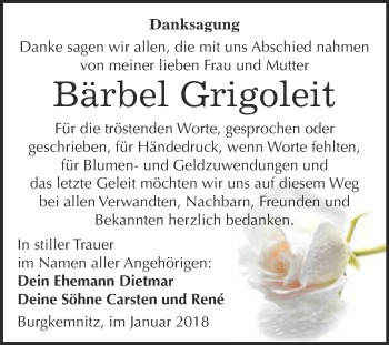 Traueranzeige von Bärbel Grigoleit von WVG - Wochenspiegel Bitterfeld