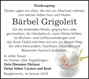 Traueranzeige von Bärbel Grigoleit von Mitteldeutsche Zeitung Bitterfeld