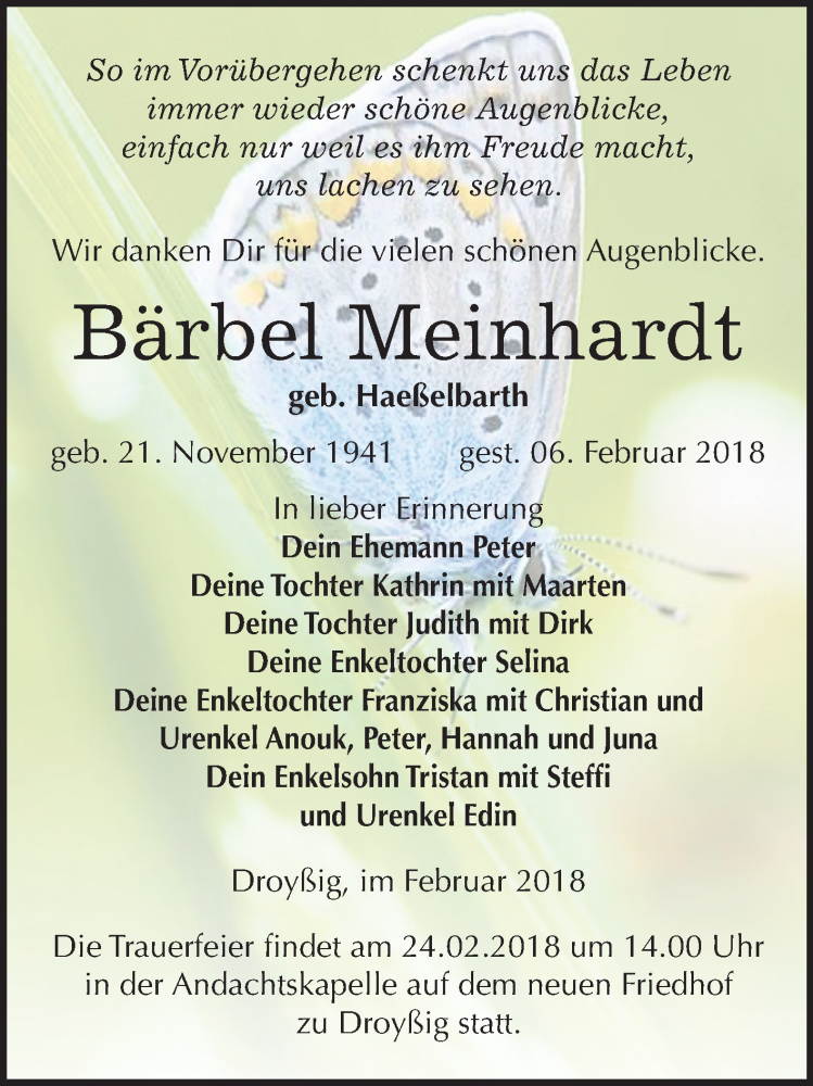  Traueranzeige für Bärbel Meinhardt vom 17.02.2018 aus Mitteldeutsche Zeitung