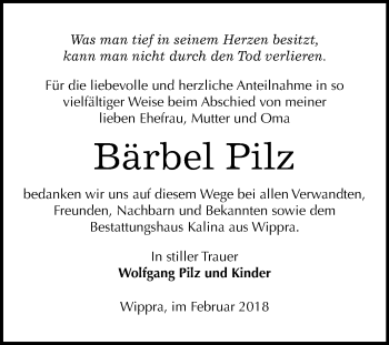 Traueranzeige von Bärbel Pilz von Mitteldeutsche Zeitung