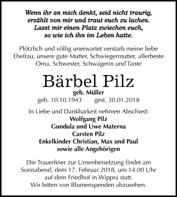Traueranzeige von Bärbel Pilz von Mitteldeutsche Zeitung
