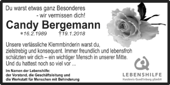 Traueranzeige von Candy Bergemann von Super Sonntag Quedlinburg