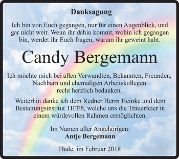 Traueranzeige von Candy Bergemann von Super Sonntag Quedlinburg