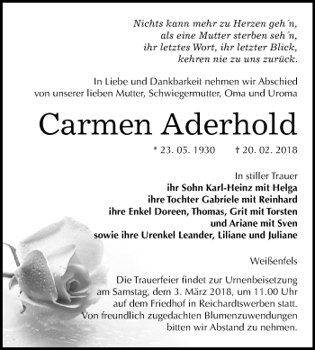 Traueranzeige von Carmen Aderhold von Mitteldeutsche Zeitung Weißenfels