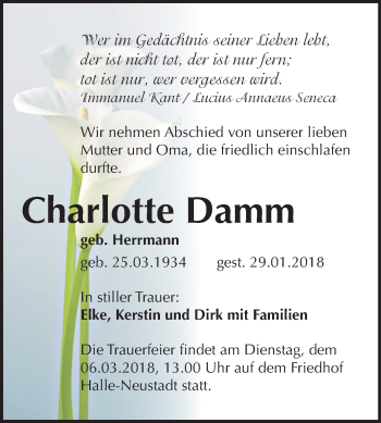 Traueranzeige von Charlotte Damm von Mitteldeutsche Zeitung Halle/Saalkreis