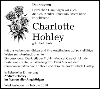 Traueranzeige von Charlotte Hohley von Mitteldeutsche Zeitung Quedlinburg