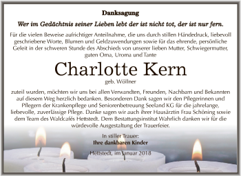 Traueranzeige von Charlotte Kern von Wochenspiegel Mansfelder Land