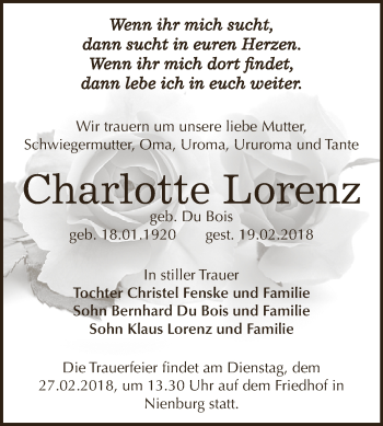 Traueranzeige von Charlotte Lorenz von Super Sonntag Bernburg