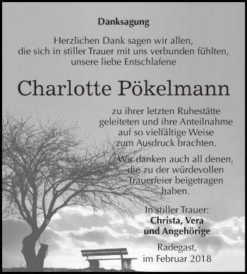 Traueranzeige von Charlotte Pökelmann von WVG - Wochenspiegel Dessau / Köthen