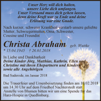 Traueranzeige von Christa Abraham von Super Sonntag Aschersleben