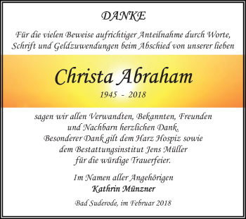 Traueranzeige von Christa Abraham von Mitteldeutsche Zeitung