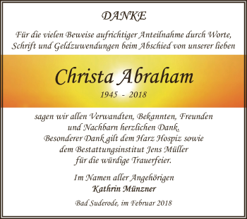 Traueranzeige von Christa Abraham von Super Sonntag Aschersleben