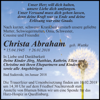 Traueranzeige von Christa Abraham von Mitteldeutsche Zeitung