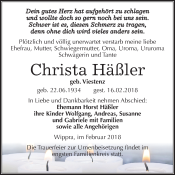 Traueranzeige von Christa Häßler von Mitteldeutsche Zeitung