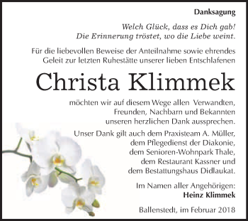 Traueranzeige von Christa Klimmek von WVG - Wochenspiegel Quedlinburg