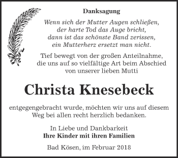 Traueranzeige von Christa Knesebeck von WVG - Wochenspiegel NMB / WSF / ZTZ