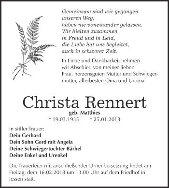 Traueranzeige von Christa Rennert von WVG - Wochenspiegel Wittenberg