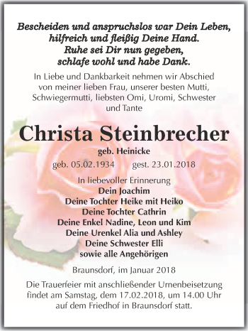 Traueranzeige von Christa Steinbrecher von WVG - Wochenspiegel Wittenberg