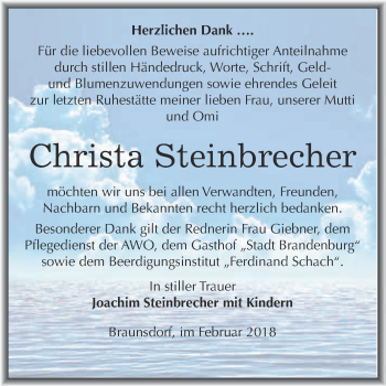 Traueranzeige von Christa Steinbrecher von WVG - Wochenspiegel Wittenberg