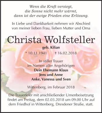 Traueranzeige von Christa Wolfsteller von WVG - Wochenspiegel Wittenberg