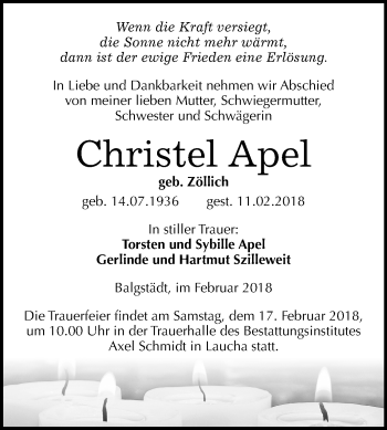Traueranzeige von Christel Apel von Mitteldeutsche Zeitung
