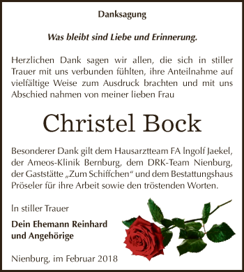 Traueranzeige von Christel Bock von Super Sonntag Bernburg