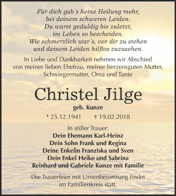 Traueranzeige von Christel Jilge von WVG - Wochenspiegel Bitterfeld
