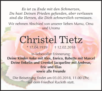 Traueranzeige von Christel Tietz von Super Sonntag Wittenberg