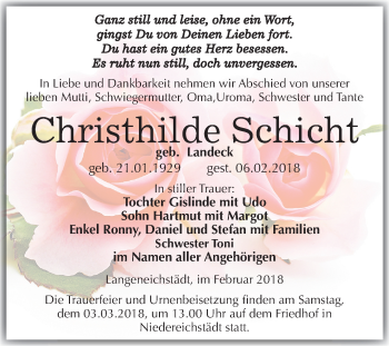Traueranzeige von Christhilde Schicht von Mitteldeutsche Zeitung Merseburg/Querfurt