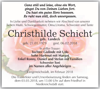 Traueranzeige von Christhilde Schicht von WVG - Wochenspiegel Merseburg