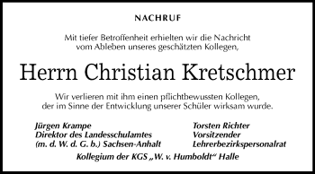 Traueranzeige von Christian Kretschmer von Mitteldeutsche Zeitung Halle/Saalkreis
