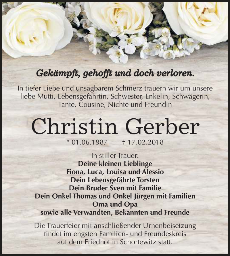  Traueranzeige für Christin Gerber vom 24.02.2018 aus Mitteldeutsche Zeitung Bitterfeld
