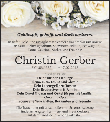 Traueranzeige von Christin Gerber von WVG - Wochenspiegel Bitterfeld