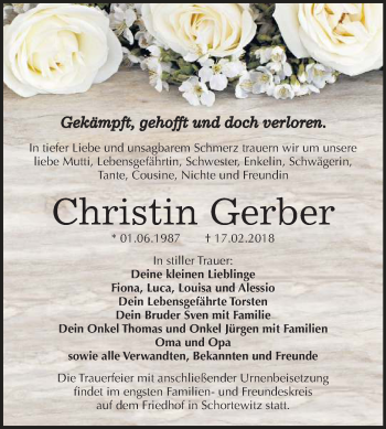 Traueranzeige von Christin Gerber von Mitteldeutsche Zeitung Bitterfeld