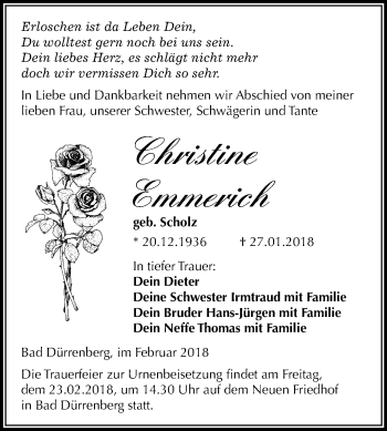Traueranzeige von Christine Emmerich von Mitteldeutsche Zeitung Merseburg/Querfurt