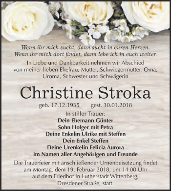 Traueranzeige von Christine Stroka von WVG - Wochenspiegel Wittenberg