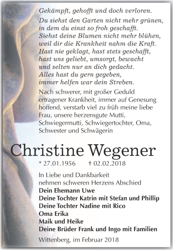 Traueranzeige von Christine Wegener von WVG - Wochenspiegel Wittenberg