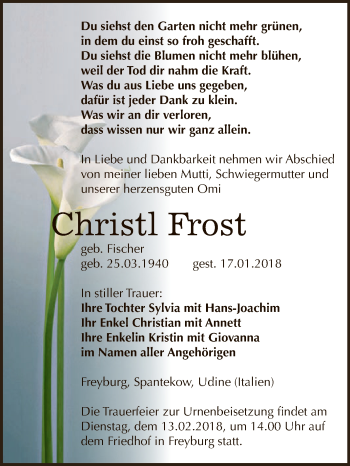 Traueranzeige von Christl Frost von WVG - Wochenspiegel NMB / WSF / ZTZ
